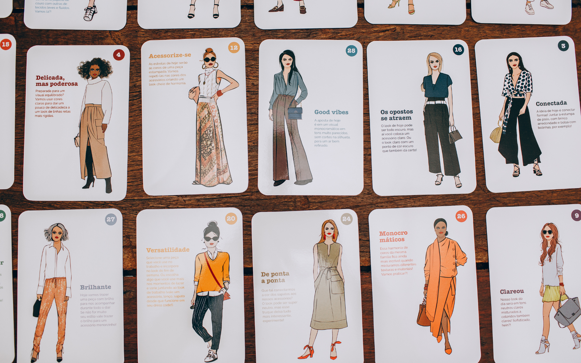 Tarjetas ilustradas con diferentes estilos de moda y recomendaciones escritas, sobre una mesa de madera.